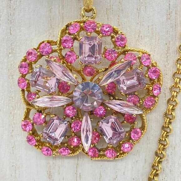 Vintage Pink Crystal Pendant Necklace With Gold Tone Double Rope Chain 30" - Picture 3 of 16